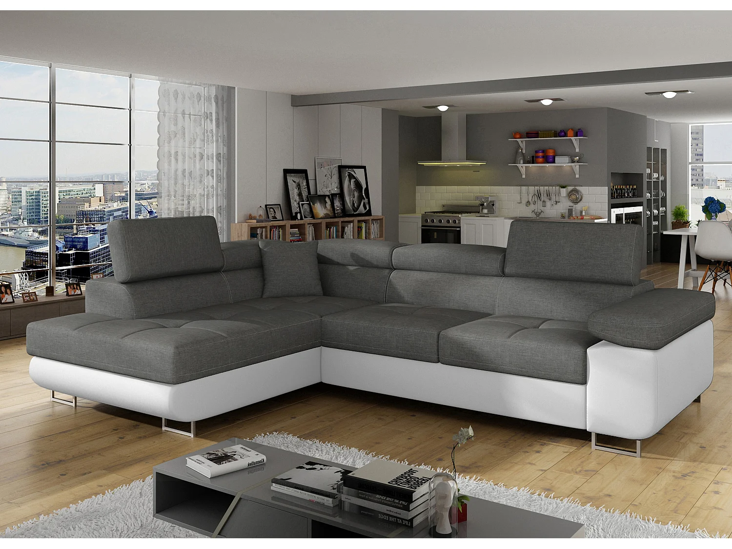 Sofá esquinero convertible en símil piel y tela reposacabezas elevables - Colección Marka-Negro/Gris oscuro-Ángulo izquierdo