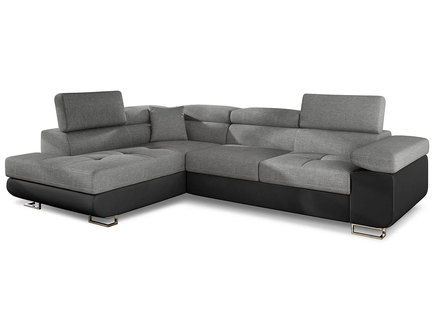 Canapé d'angle convertible simili cuir et tissu MARKA - Coffre et appuis-tête réglables-Noir/Gris foncé-angle gauche