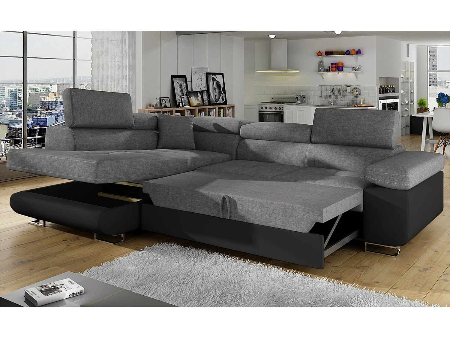 Canapé d'angle convertible simili cuir et tissu MARKA - Coffre et appuis-tête réglables-Noir/Gris foncé-angle gauche