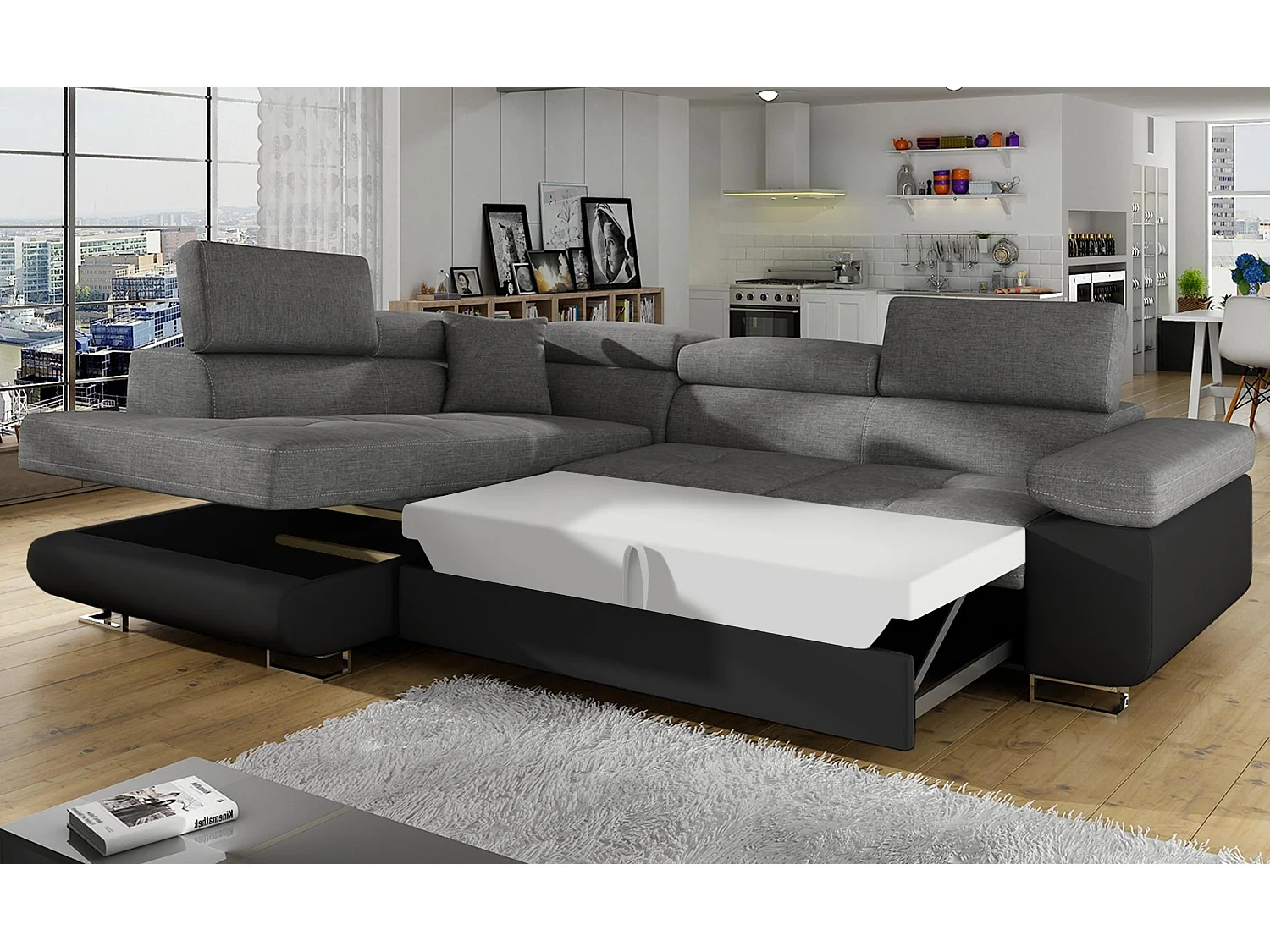 Canapé d'angle convertible simili cuir et tissu MARKA - Coffre et appuis-tête réglables-Noir/Gris foncé-angle gauche