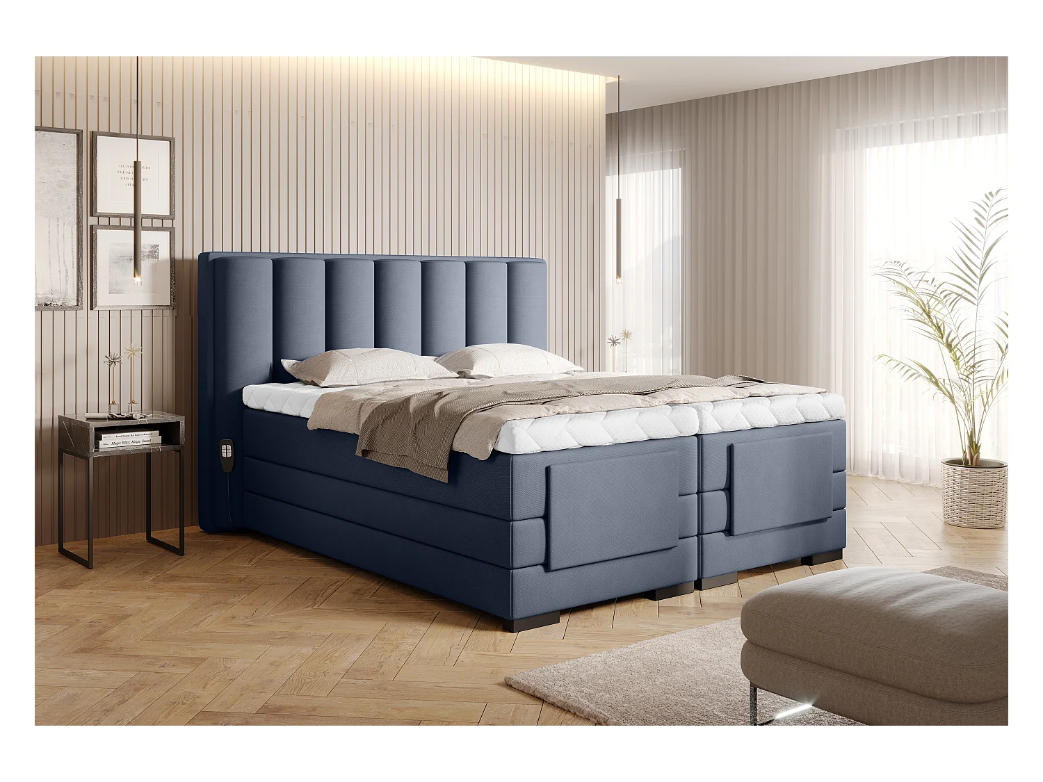 Lit boxspring électrique tissu bleu lavande avec matelas et surmatelas Arkos-180x200