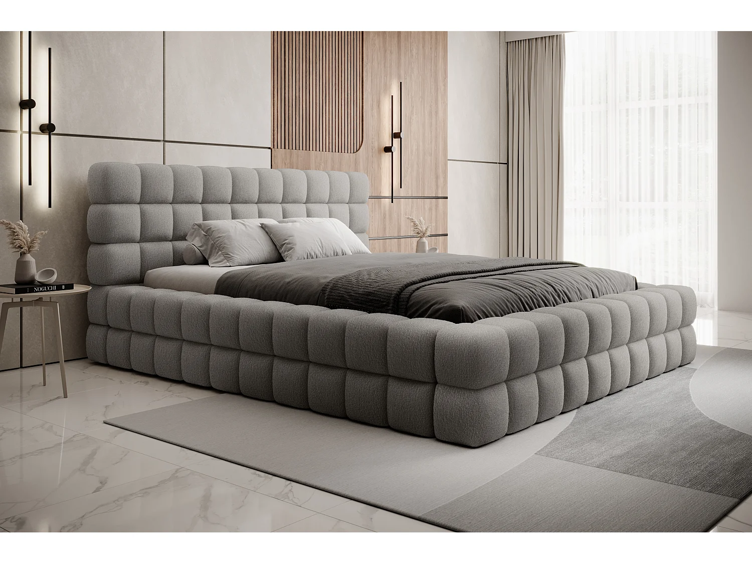 Lit coffre design avec capitonnage tissu à bouclettes Kaizer-Couleur Gris-160x200