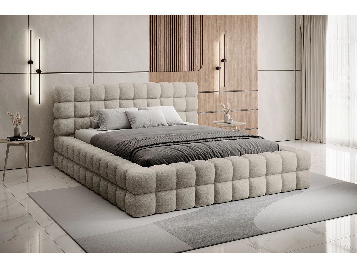 Lit coffre design avec capitonnage tissu à bouclettes Kaizer-Couleur Beige-160x200