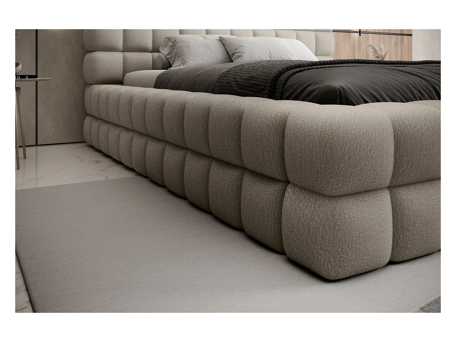 Lit coffre design avec capitonnage tissu à bouclettes Kaizer-Couleur Beige-160x200