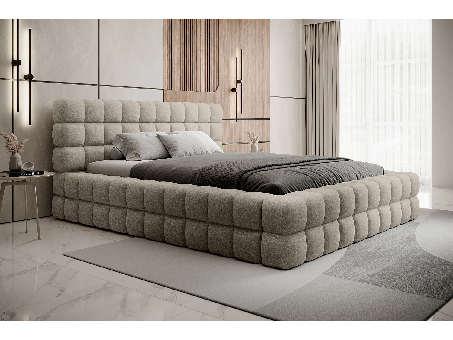 Lit coffre design avec capitonnage tissu à bouclettes Kaizer-Couleur Beige-160x200