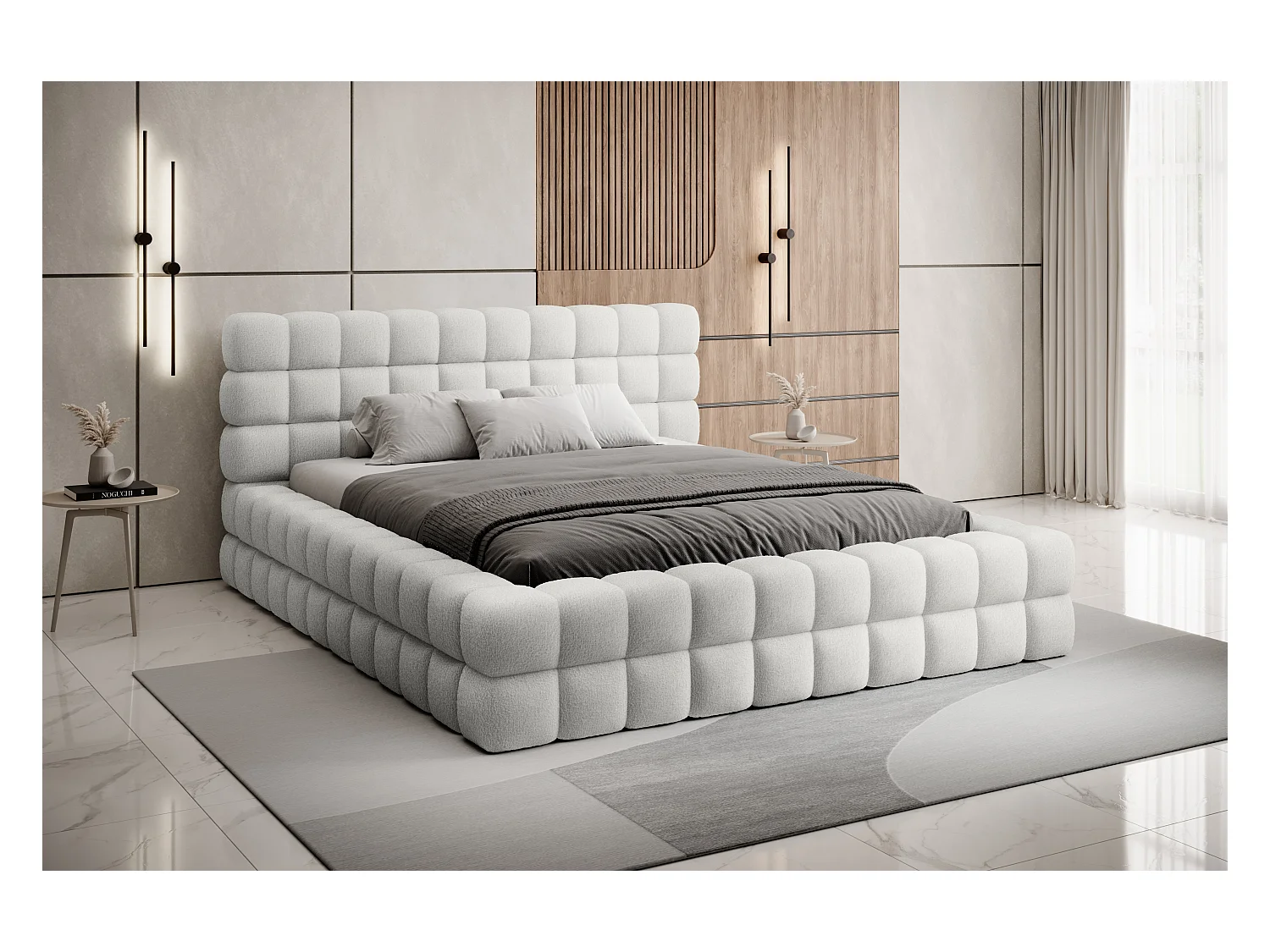 Lit coffre design avec capitonnage tissu à bouclettes Kaizer-Couleur Beige-160x200