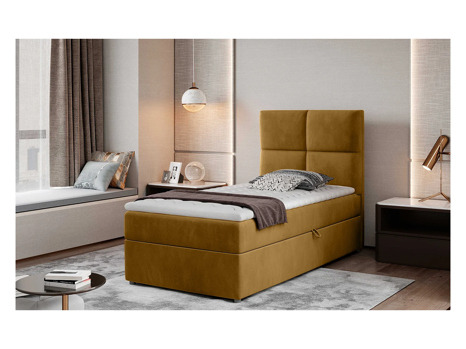 Box Spring Letto Nadia (90x200)/Tessuto-Giallo