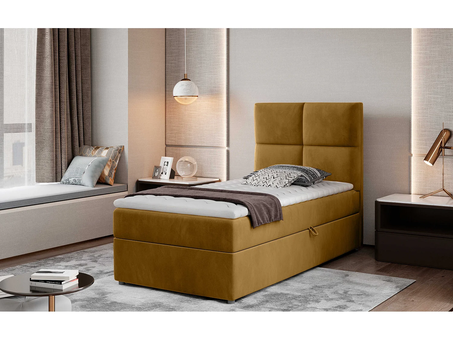 Box Spring Letto Nadia (90x200)/Tessuto-Giallo