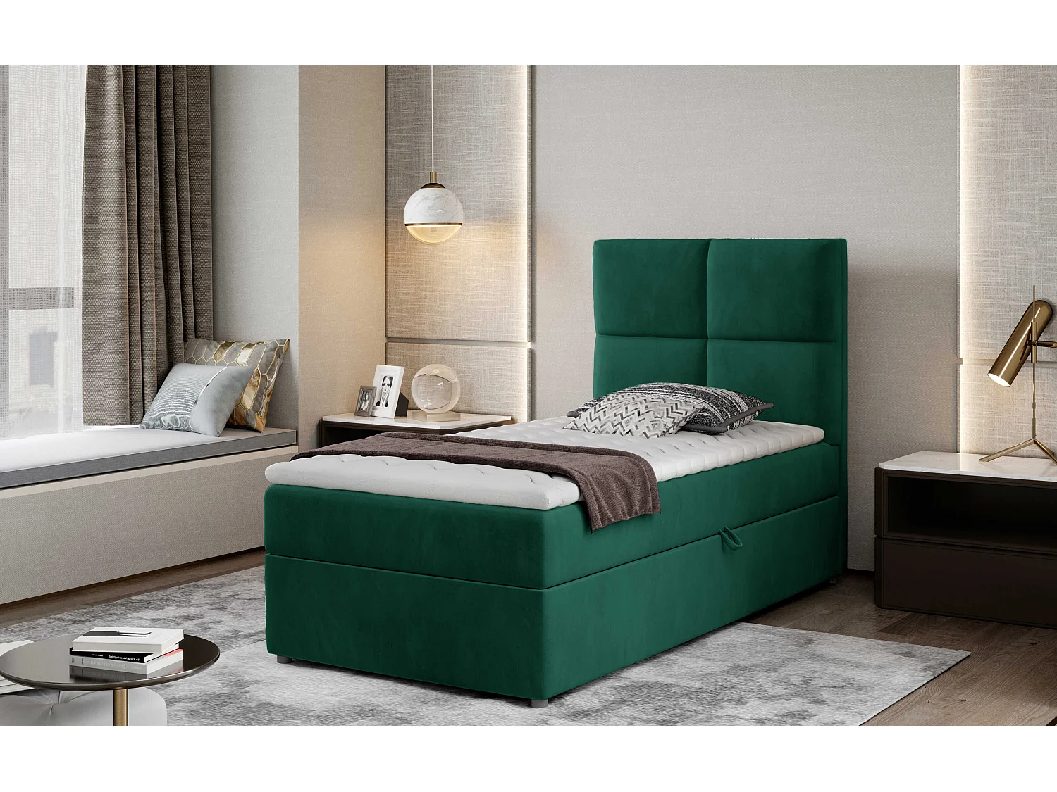 Box Spring Lit Nadia (90x200)/Tissu-Vert