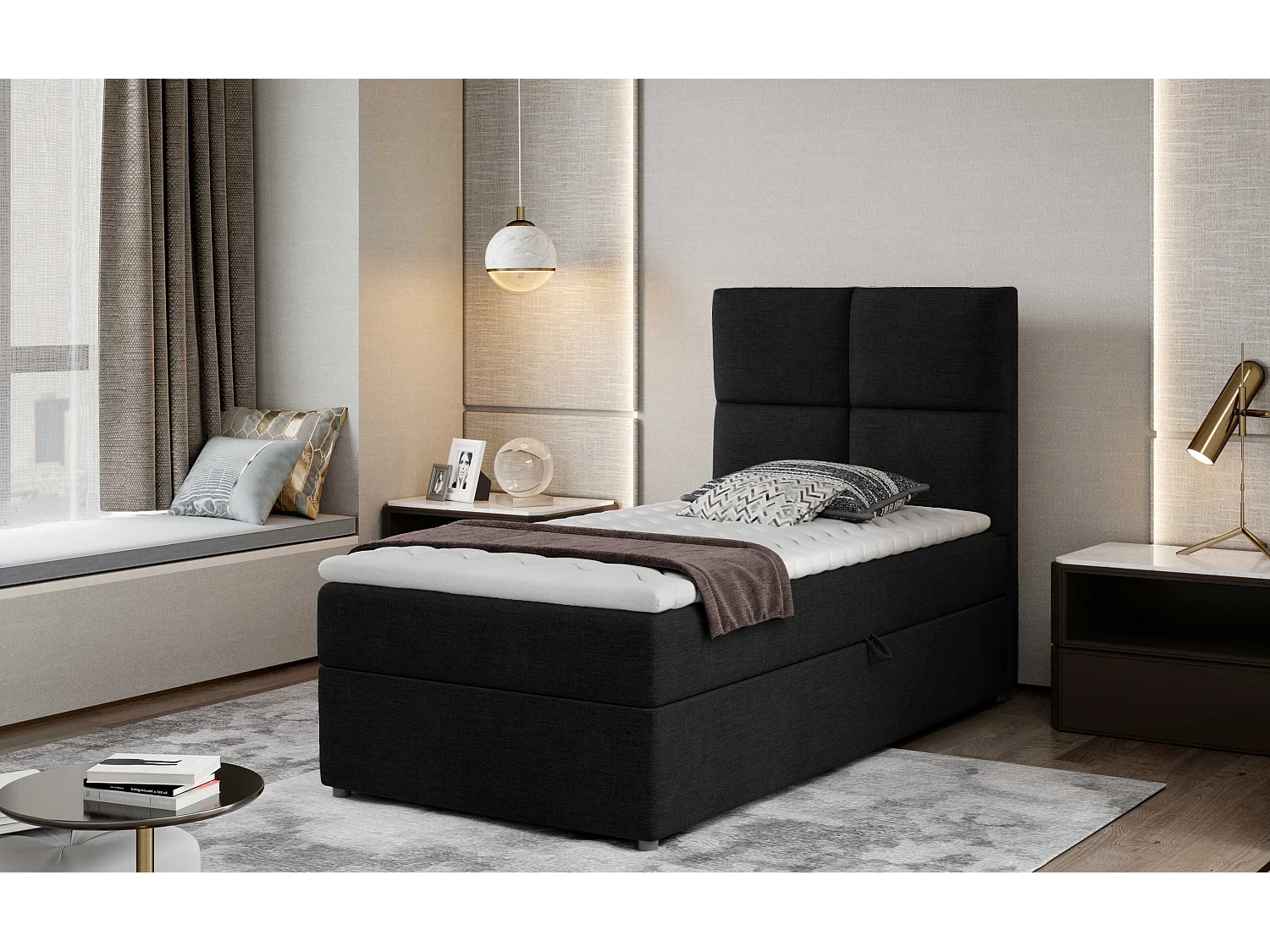 Box Spring Letto Nadia (90x200)/Tessuto-Nero