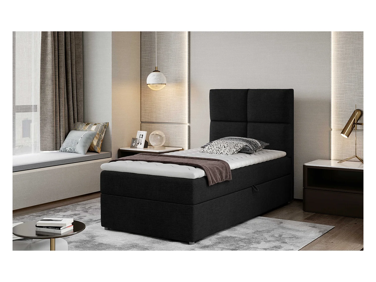 Box Spring Lit Nadia (90x200)/Tissu-Noir