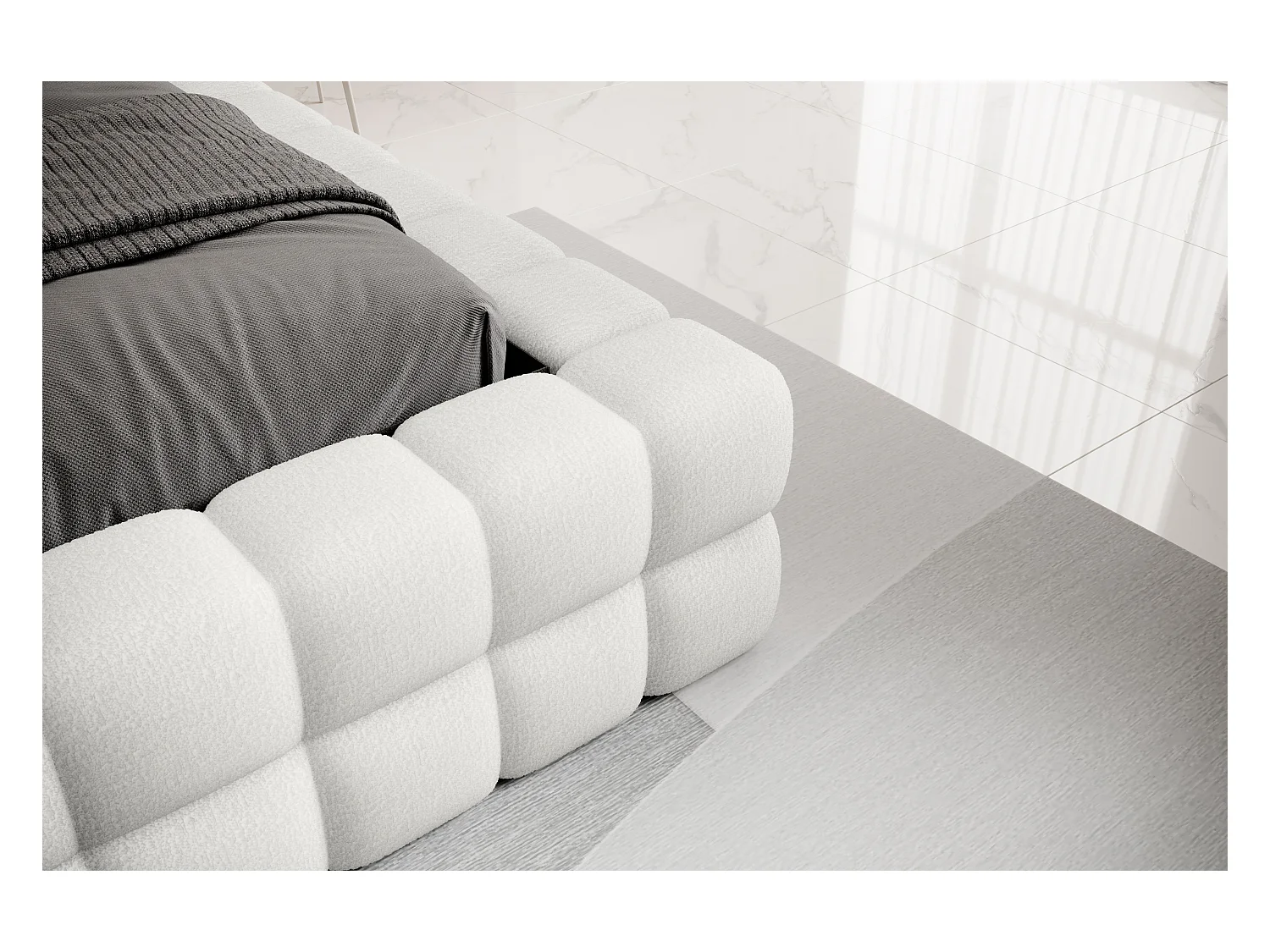 Lit coffre design avec capitonnage tissu à bouclettes Kaizer-Couleur Blanc-160x200