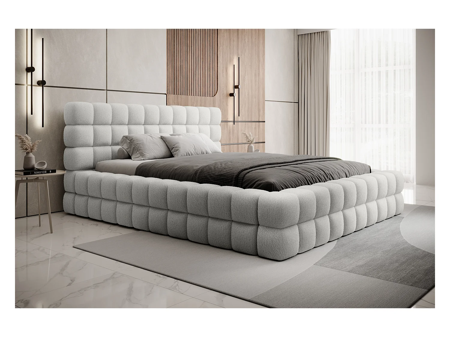 Lit coffre design avec capitonnage tissu à bouclettes Kaizer-Couleur Blanc-160x200