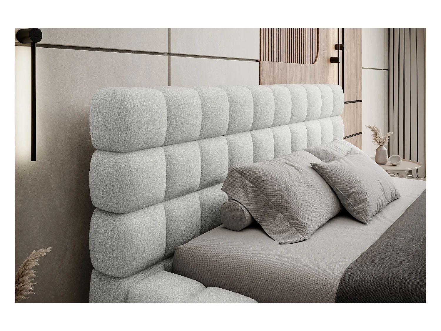 Lit coffre design avec capitonnage tissu à bouclettes Kaizer-Couleur Blanc-160x200