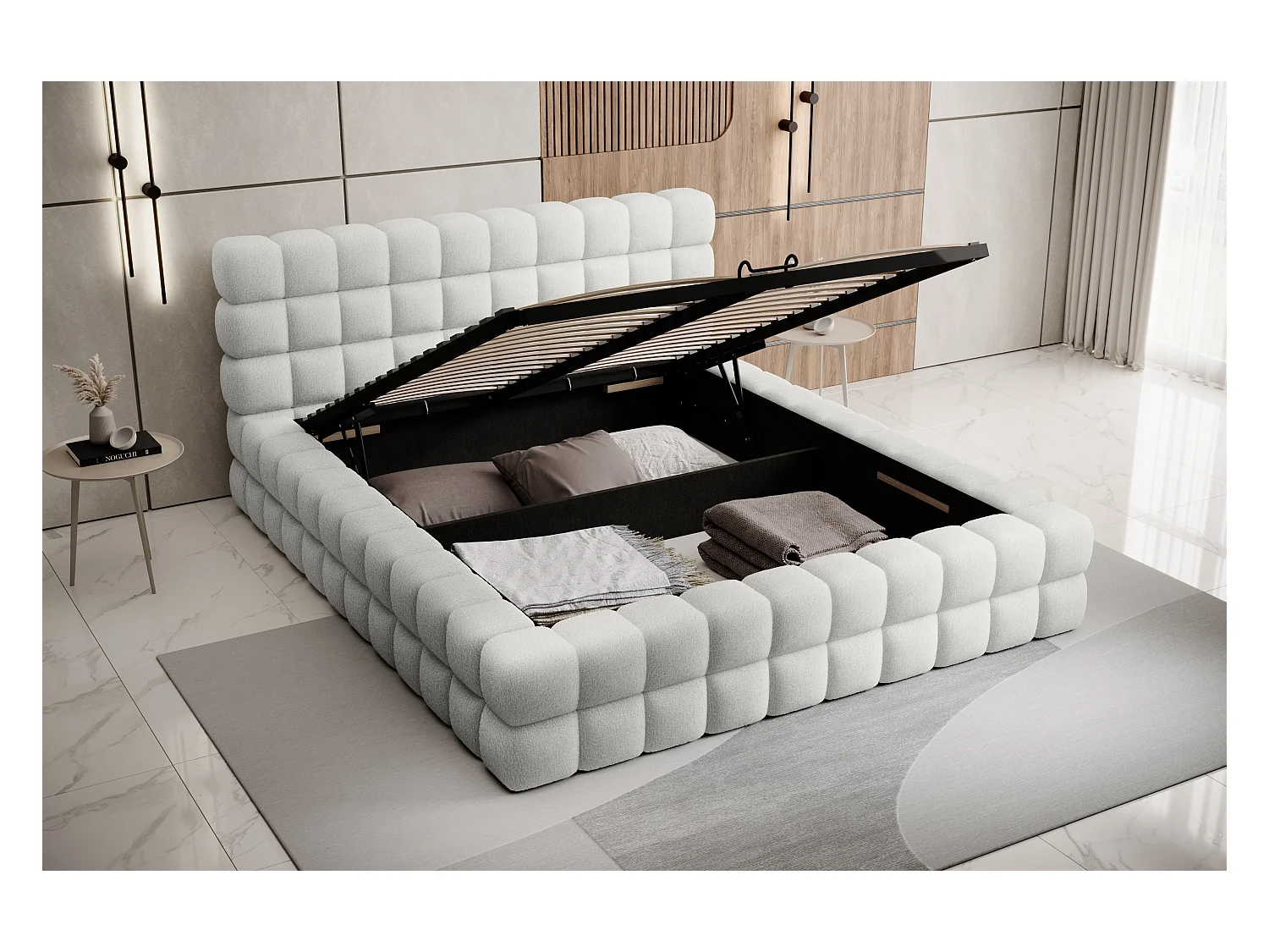 Lit coffre design avec capitonnage tissu à bouclettes Kaizer-Couleur Blanc-160x200