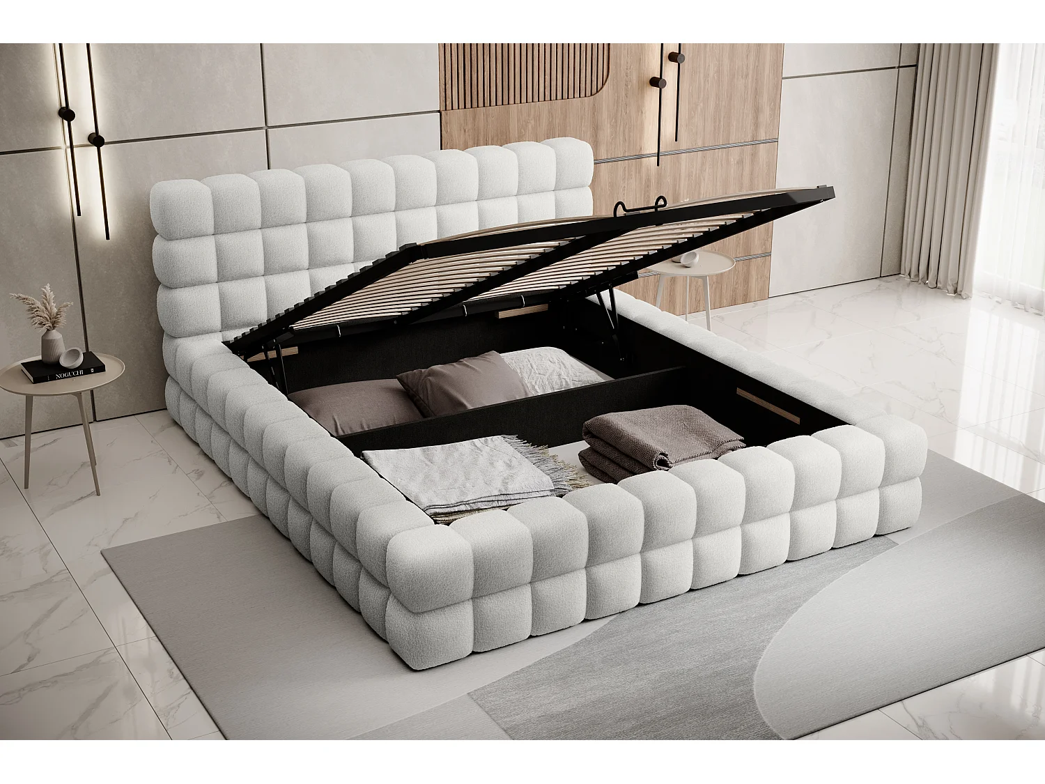 Lit coffre 160x200 sommier inclus Cloud tissu bouclette Blanc