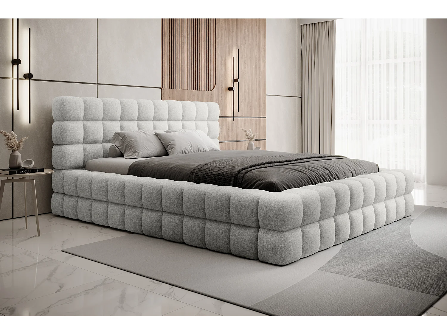 Lit coffre 160x200 sommier inclus Cloud tissu bouclette Blanc