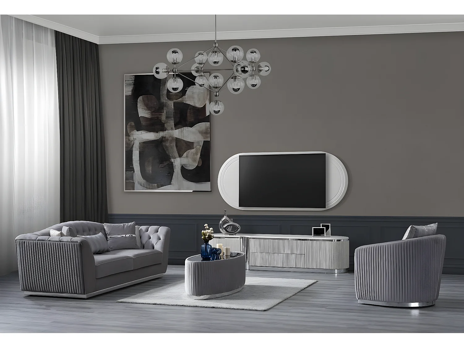 Grand (Set 3+3+1)/Stoff-Grau