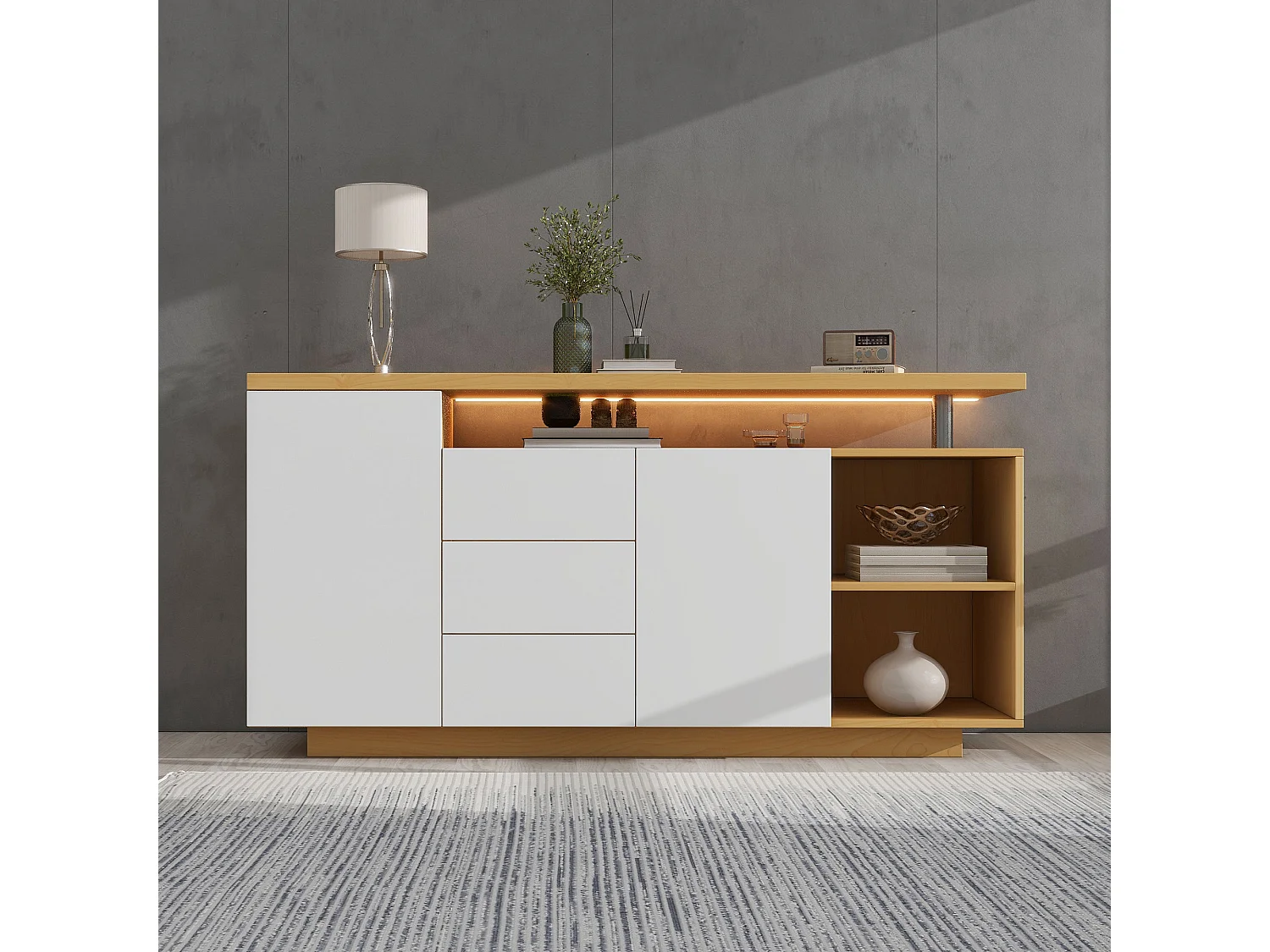Sideboard mit LED-Beleuchtung – 2 Türen, 3 Schubladen, 2 Nischen – Natur & Weiß