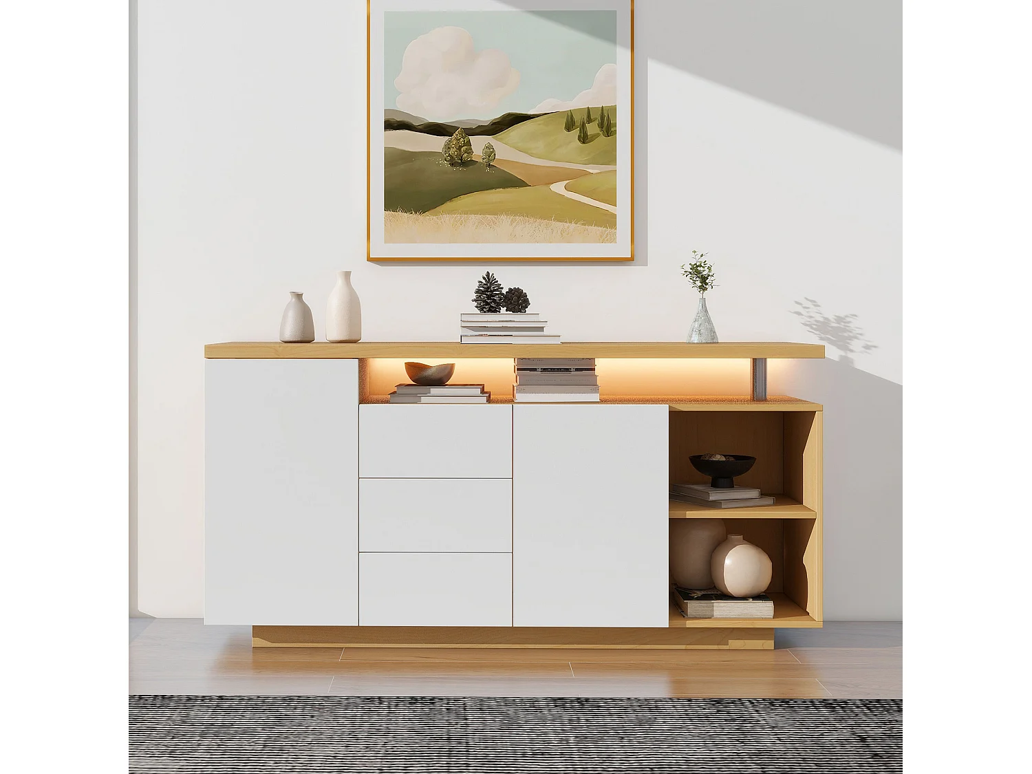 Sideboard mit LED-Beleuchtung – 2 Türen, 3 Schubladen, 2 Nischen – Natur & Weiß