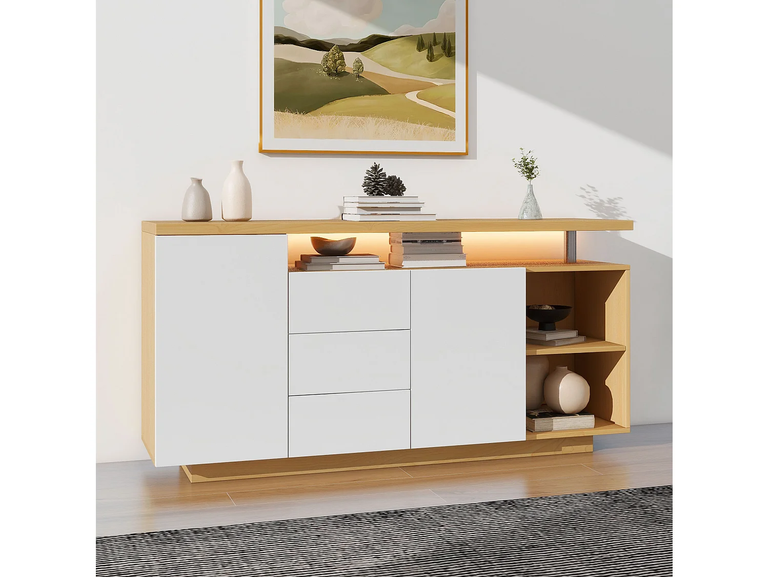 Sideboard mit LED-Beleuchtung – 2 Türen, 3 Schubladen, 2 Nischen – Natur & Weiß
