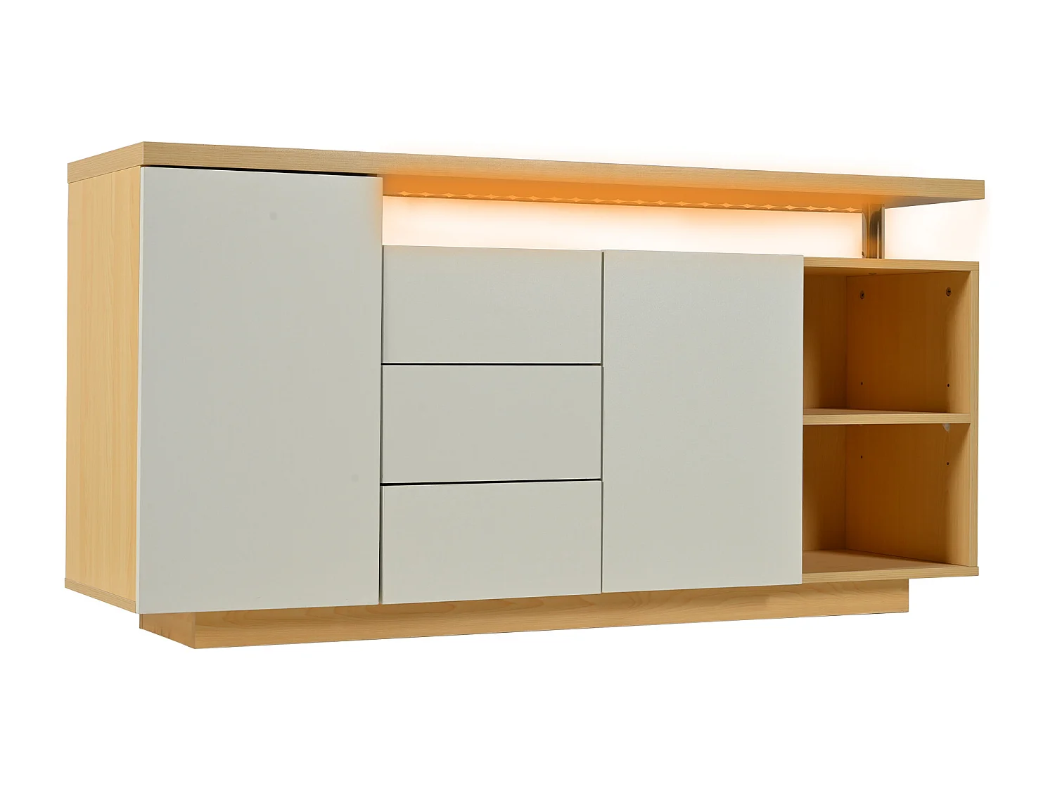 Sideboard mit LED-Beleuchtung – 2 Türen, 3 Schubladen, 2 Nischen – Natur & Weiß