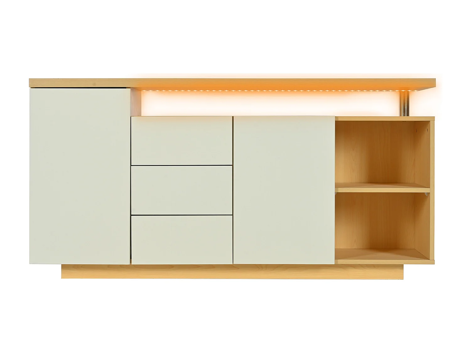 Sideboard mit LED-Beleuchtung – 2 Türen, 3 Schubladen, 2 Nischen – Natur & Weiß