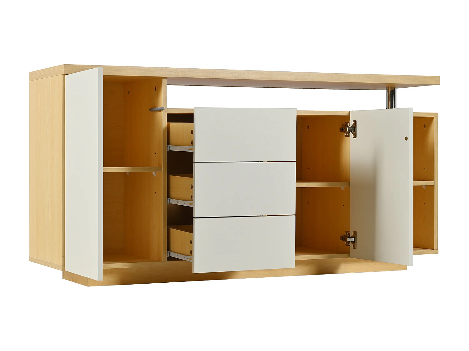 Sideboard mit LED-Beleuchtung – 2 Türen, 3 Schubladen, 2 Nischen – Natur & Weiß
