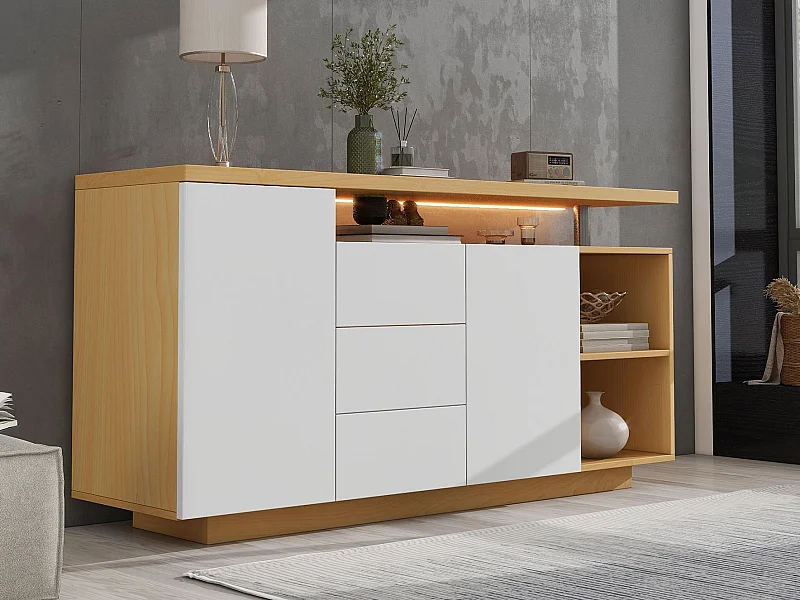 Sideboard mit LED-Beleuchtung – 2 Türen, 3 Schubladen, 2 Nischen – Natur & Weiß