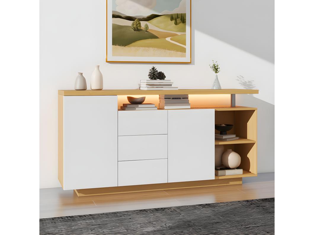 Credenza con illuminazione a LED - 2 ante, 3 cassetti, 2 nicchie - Naturale e Bianco