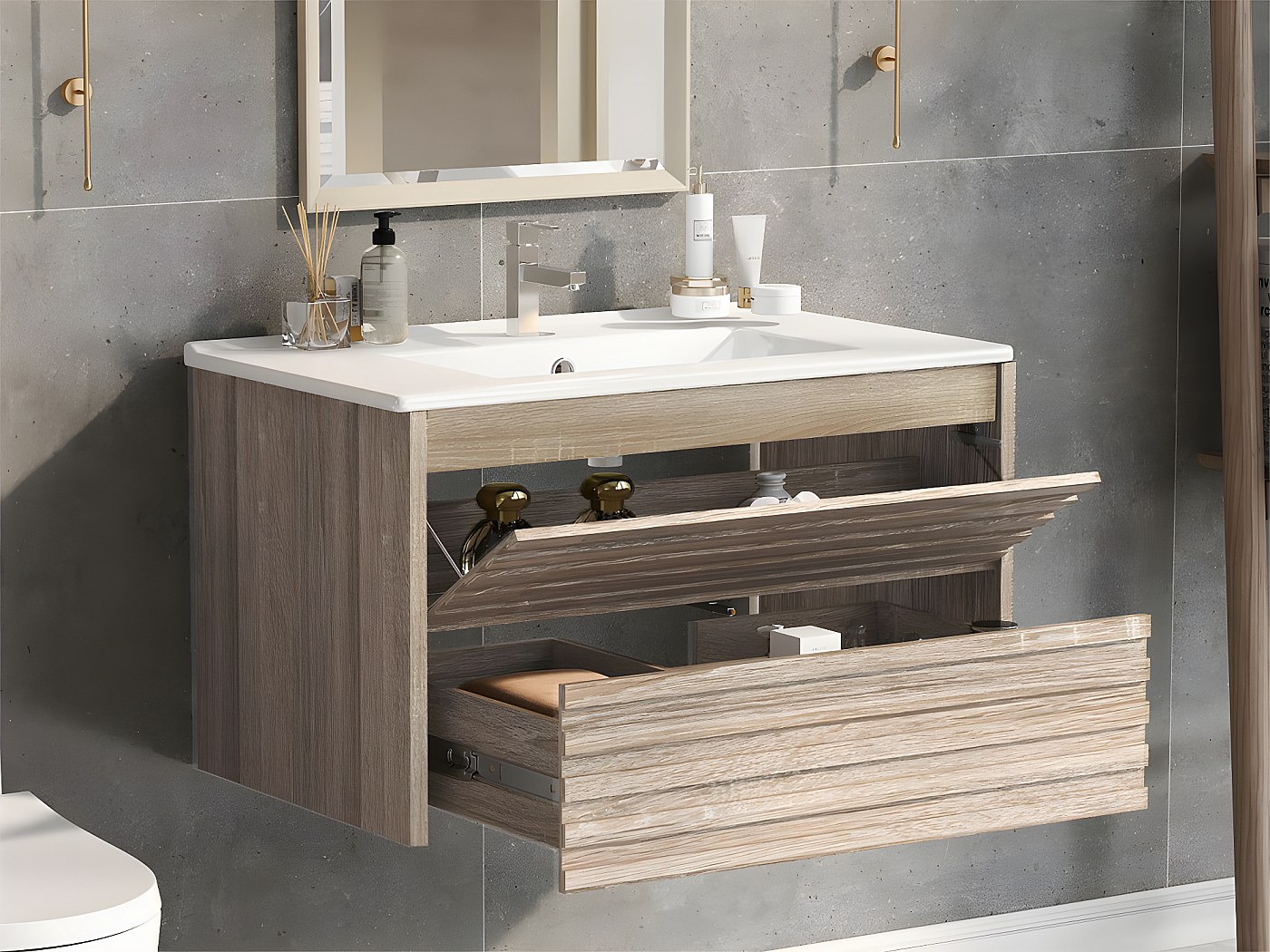 Mobile Bagno Sottolavabo 80 Cm Con Ruote Rovere Copricolonna Moderno - Foto 1