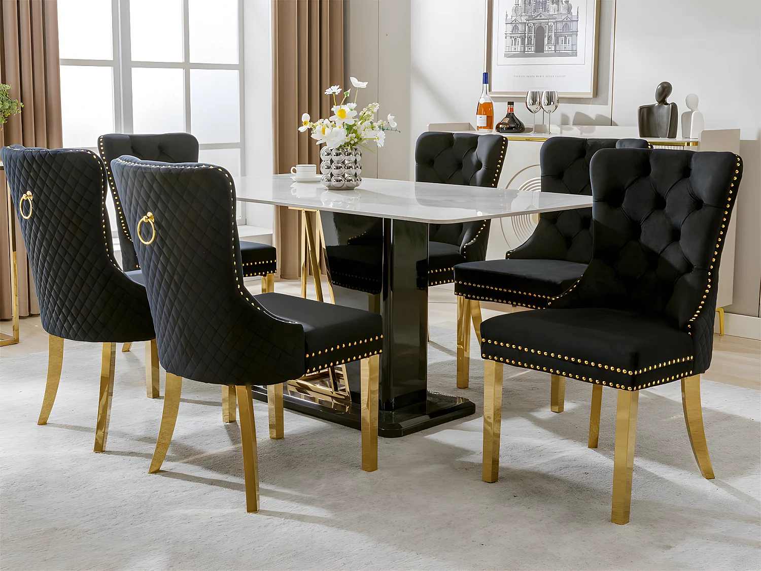 Set aus 6 Samtstühlen mit Metallbeinen – Schwarz