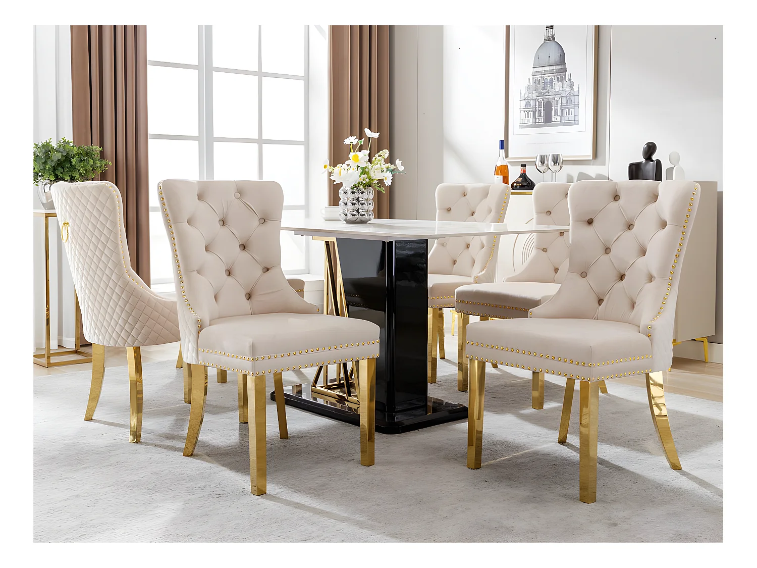 Lot de 6 chaises en velours avec pieds métallique - Beige