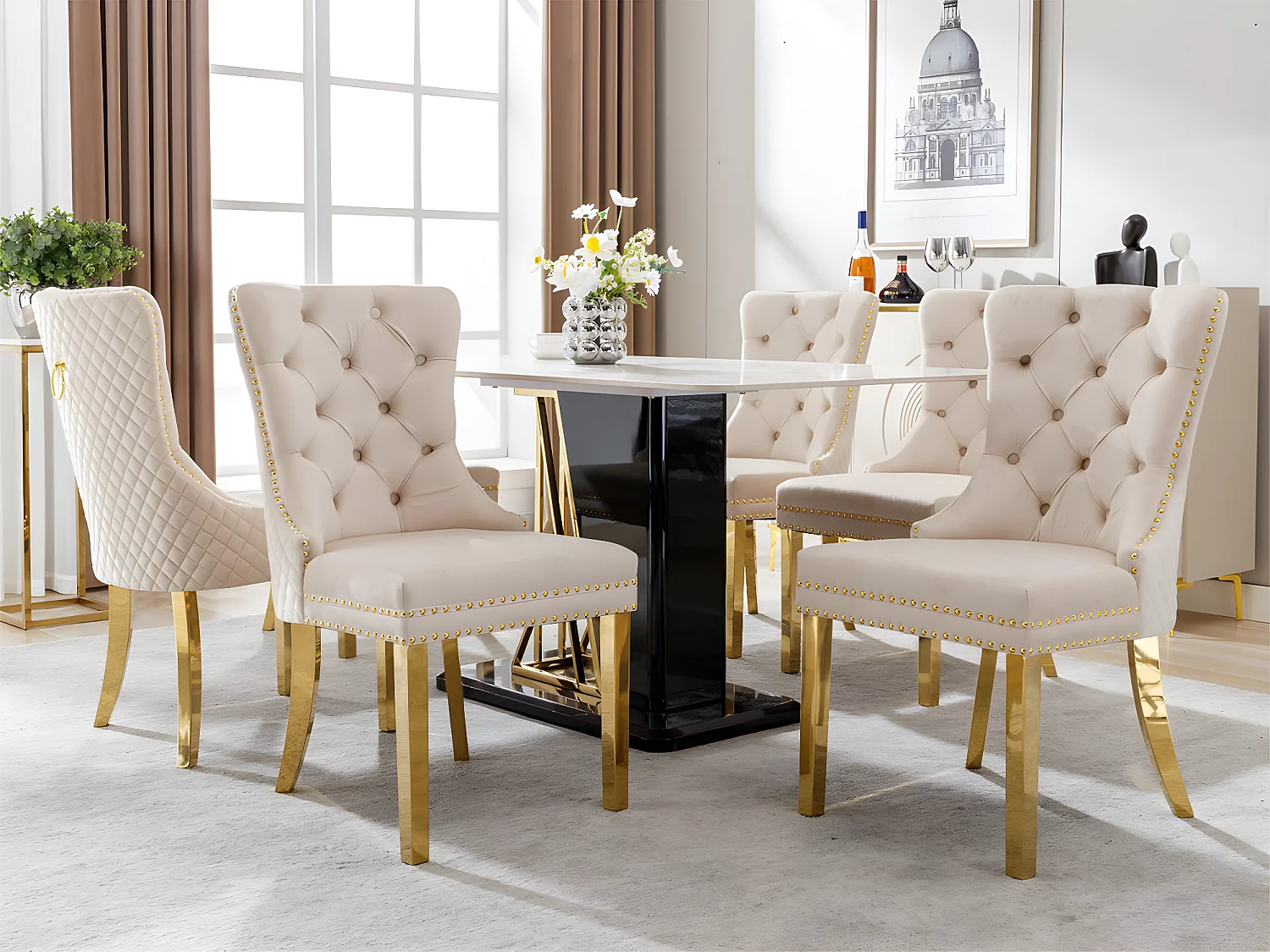 Lot de 6 chaises en velours avec pieds métallique - Beige