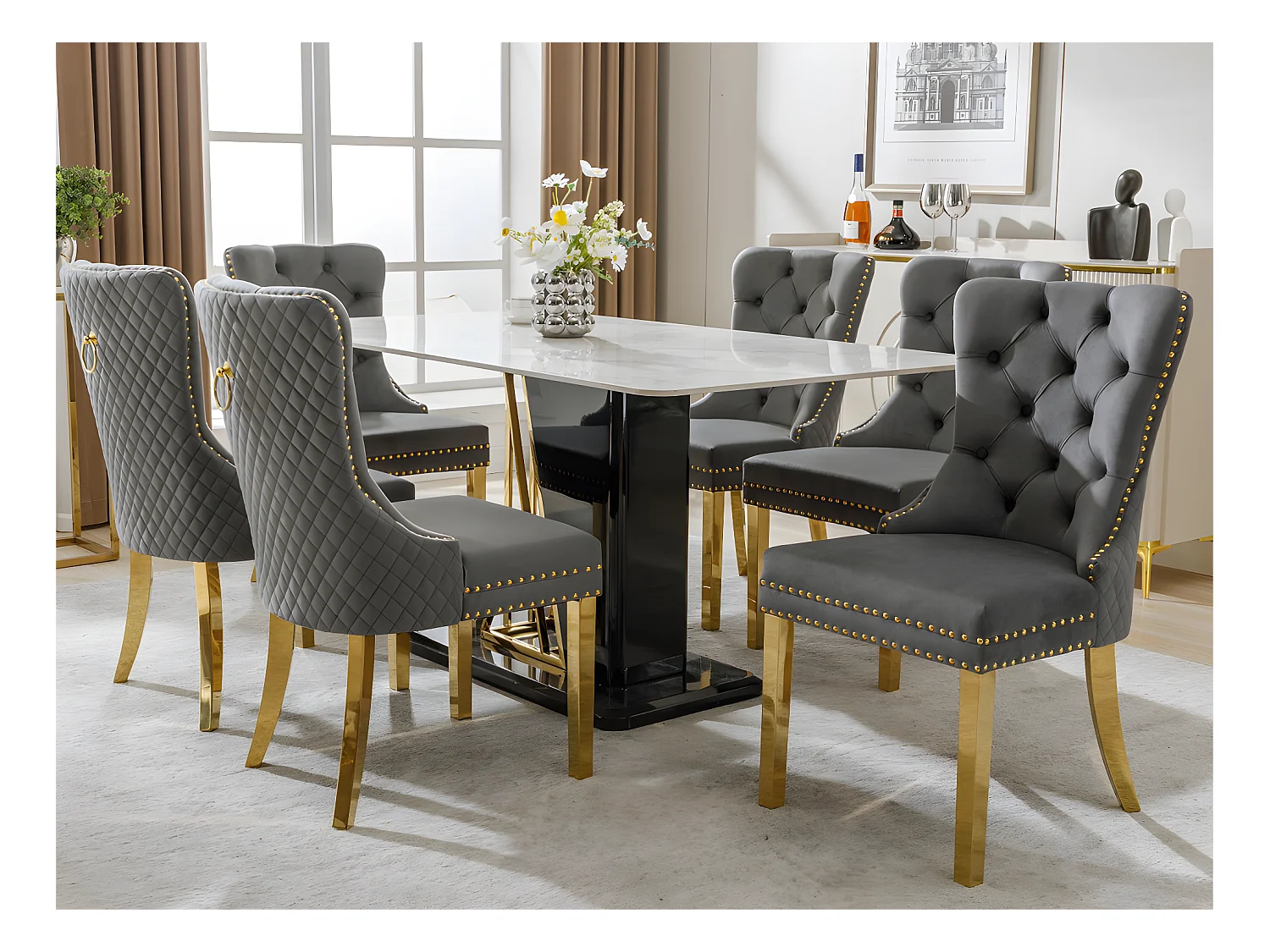 Lot de 6 chaises en velours avec pieds métallique - Gris
