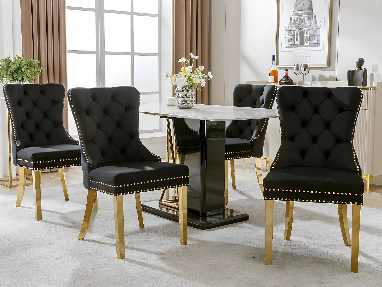 Set van 4 fluwelen stoelen met metalen poten - Zwart