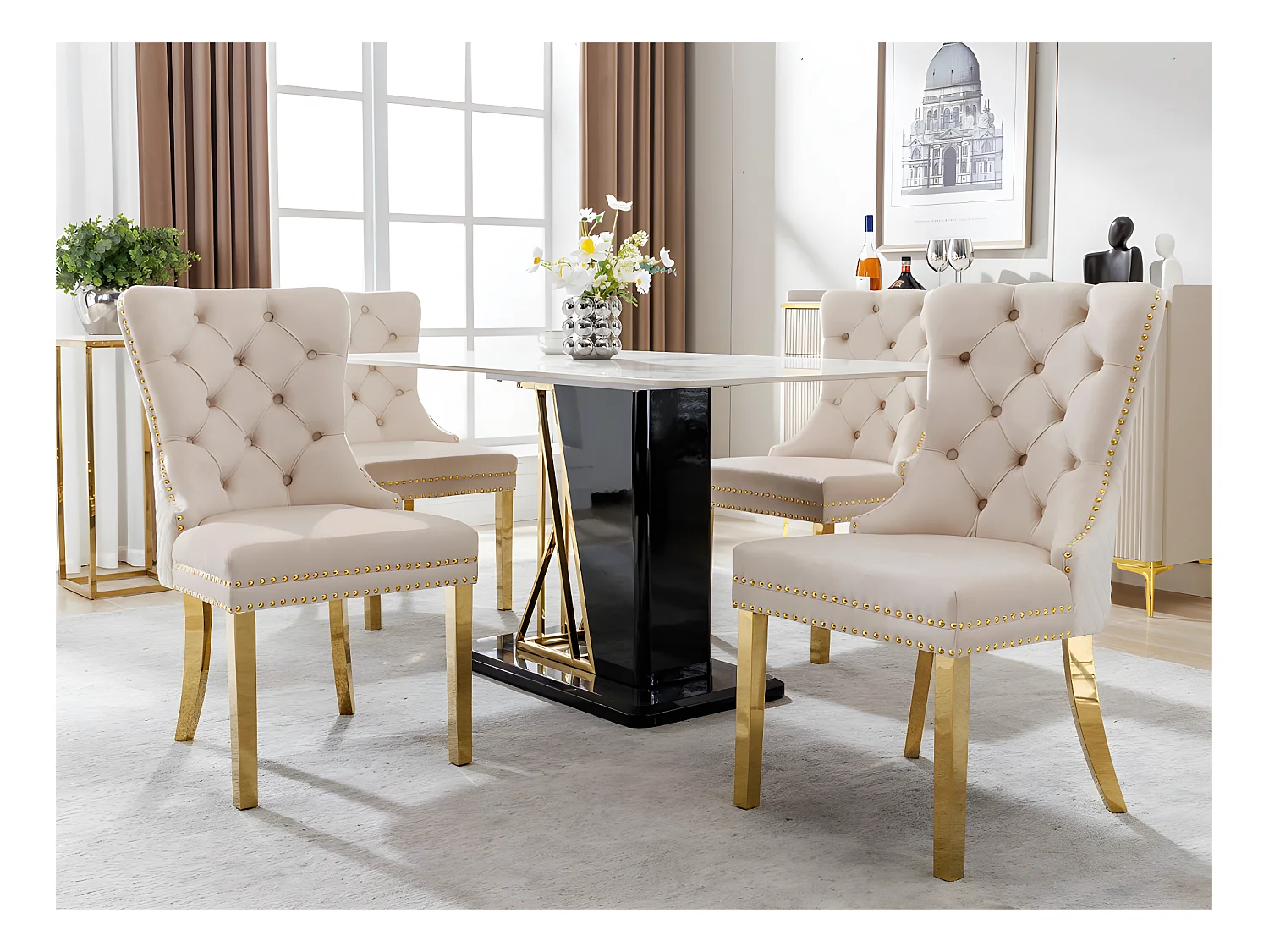 Lot de 4 chaises en velours avec pieds métallique - Beige