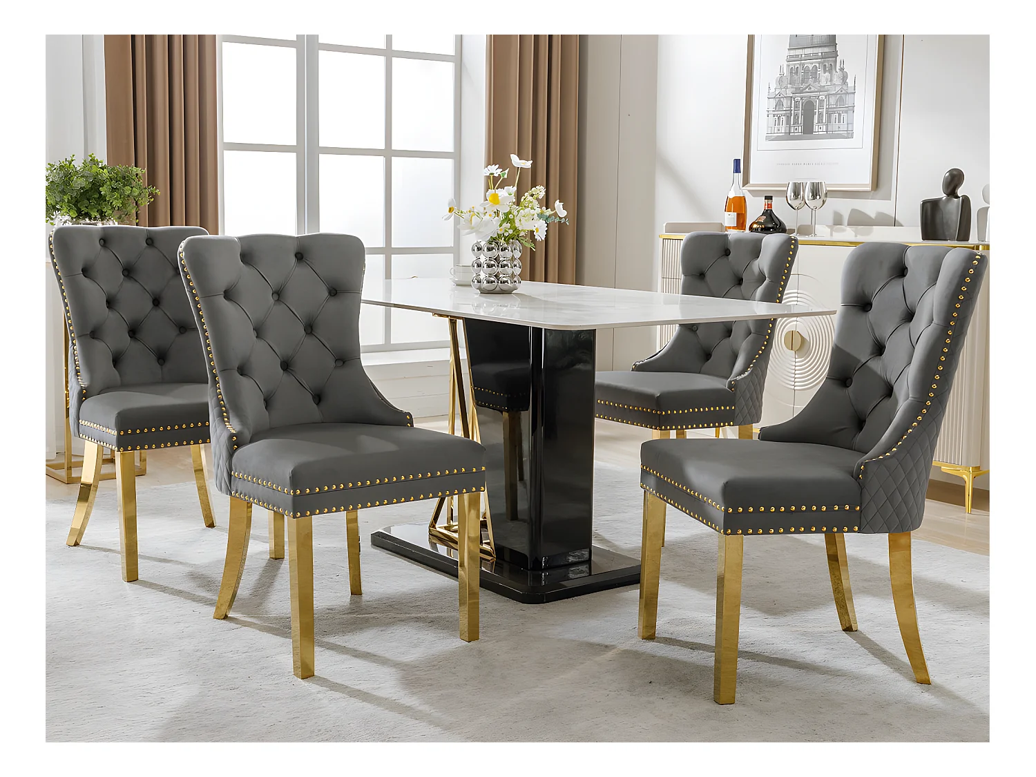 Lot de 4 chaises en velours avec pieds métallique - Gris