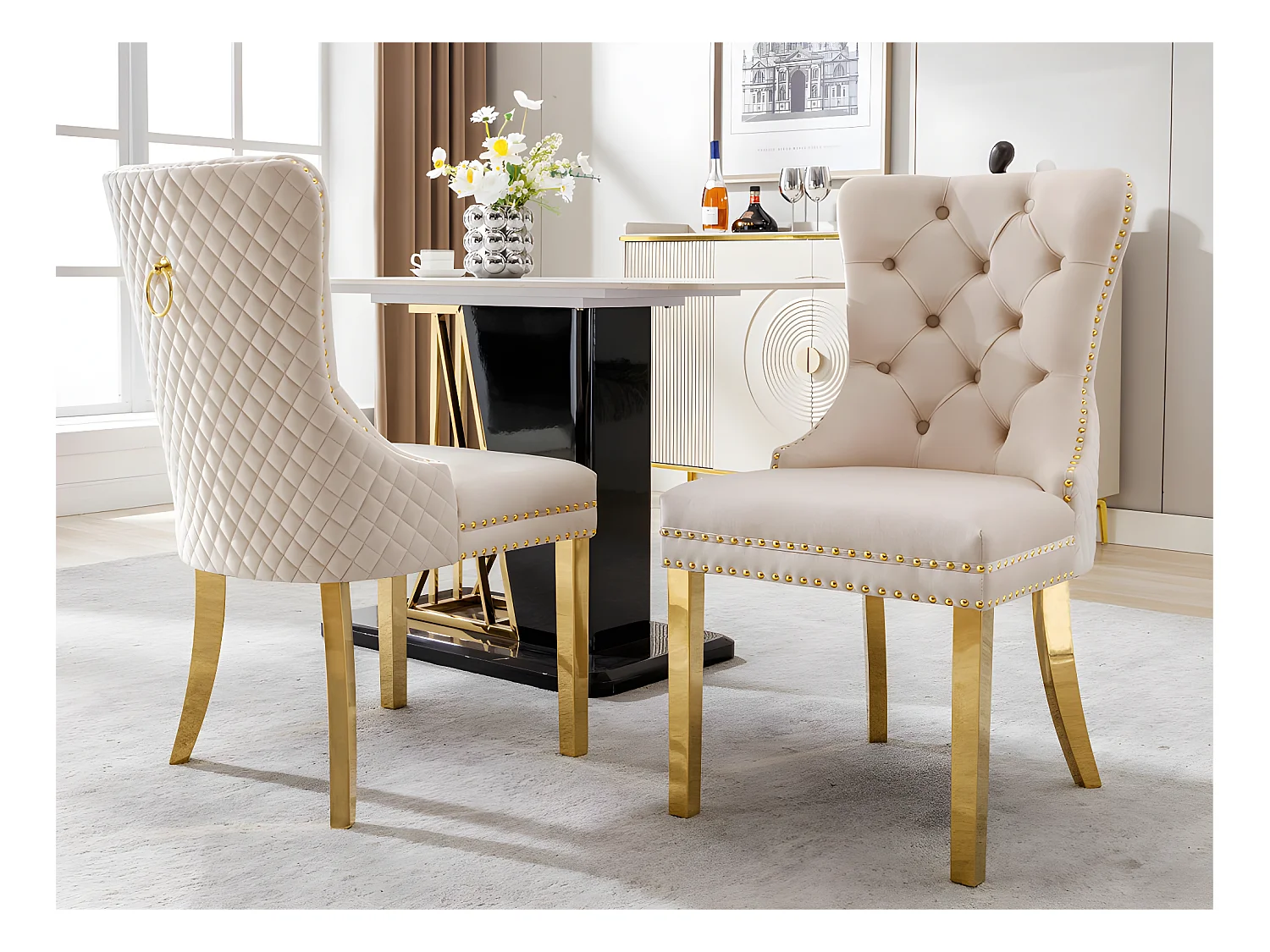 Set van 2 fluwelen stoelen met metalen poten - Beige