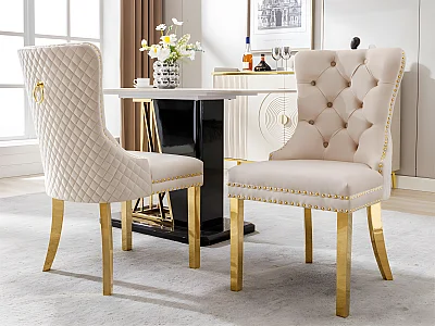 Lot de 2 chaises en velours avec pieds métallique - Beige