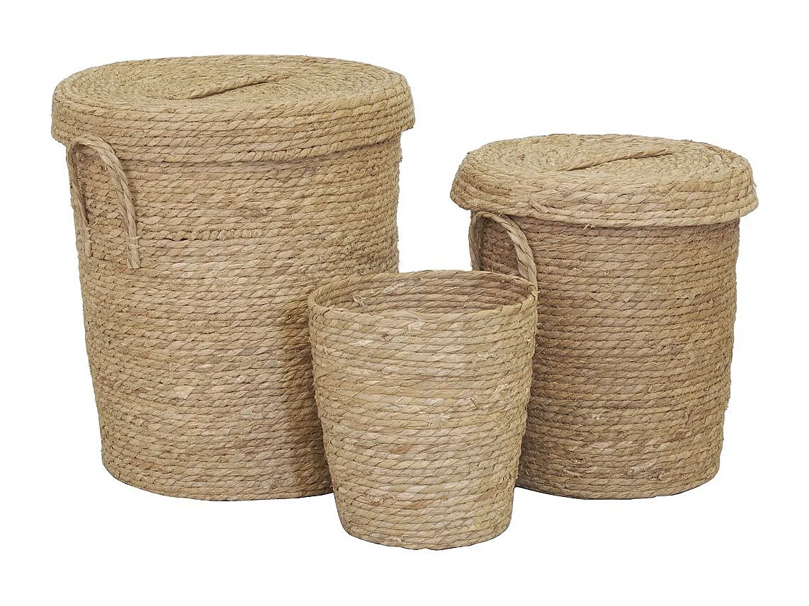 Lot 2 coffres + 1 poubelle en jonc naturel