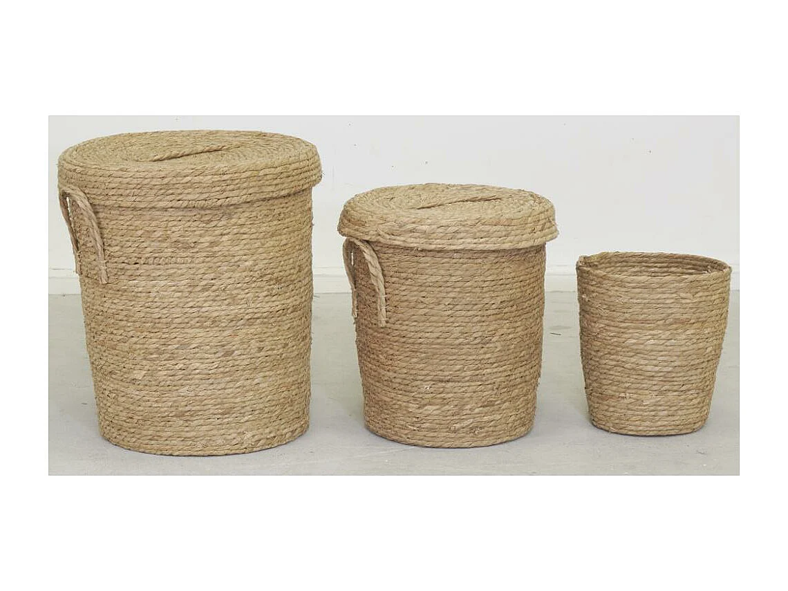 Lot 2 coffres + 1 poubelle en jonc naturel