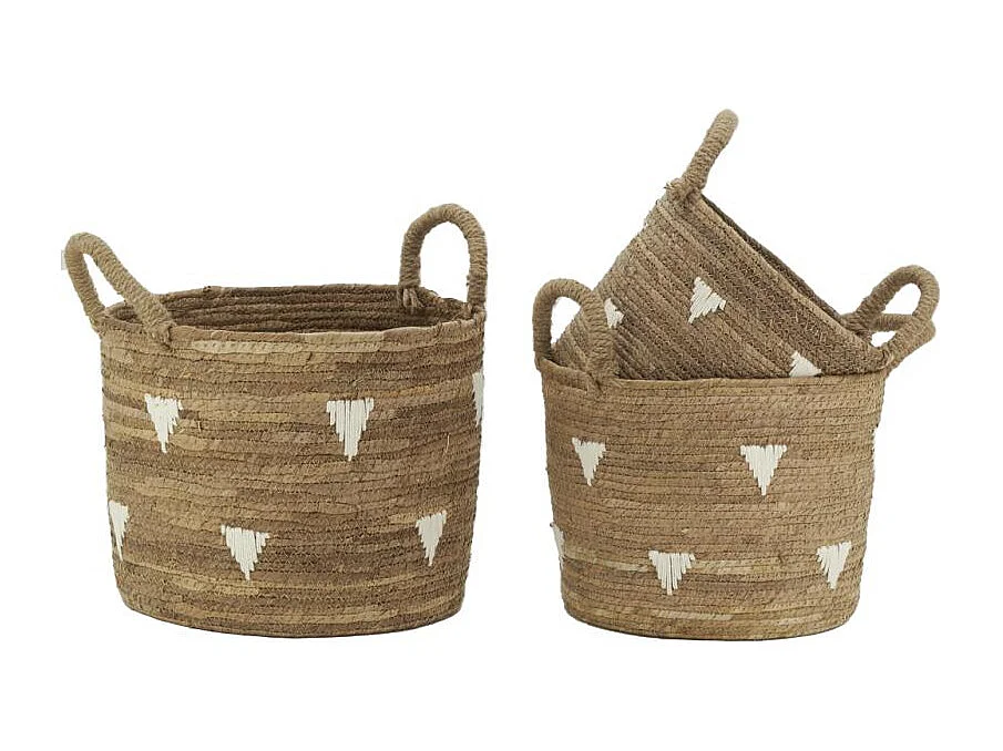 Cache-pots en abaca naturel et triangles blancs (lot de 3)