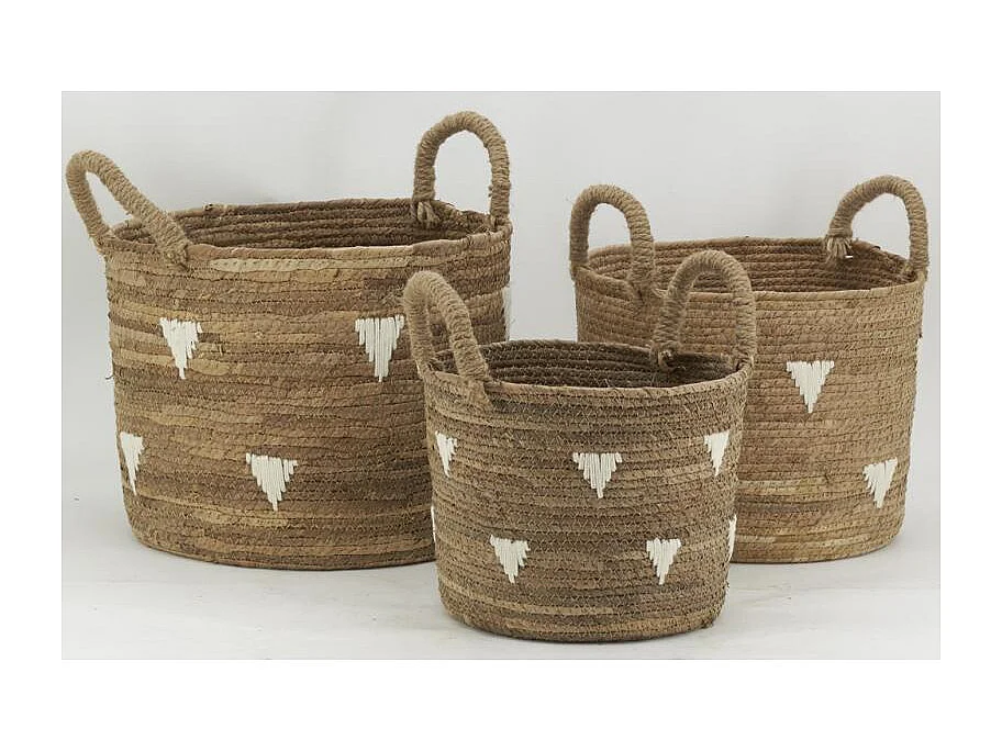 Cache-pots en abaca naturel et triangles blancs (lot de 3)