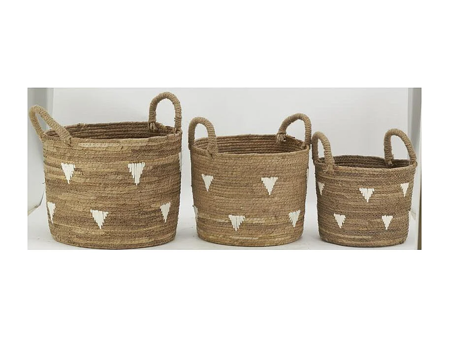 Cache-pots en abaca naturel et triangles blancs (lot de 3)
