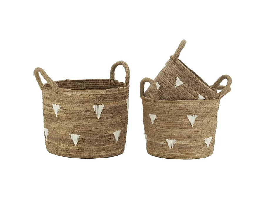 Cache-pots en abaca naturel et triangles blancs (lot de 3)