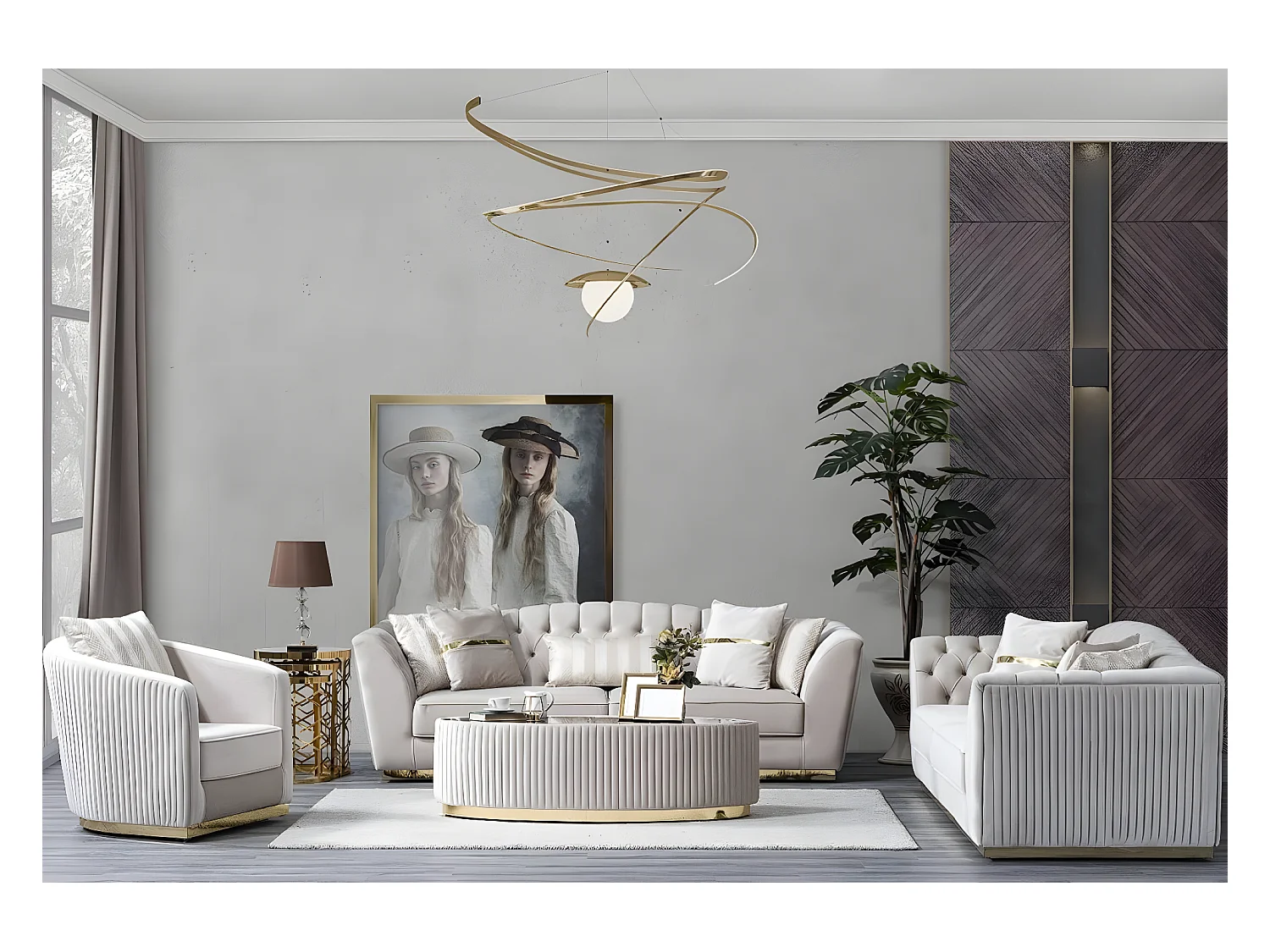 Grand Lux (Set 3+3+1)/Stoff-Beige&Gold