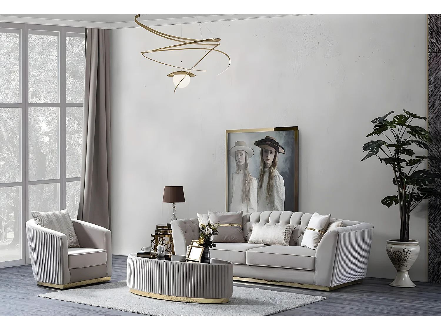 Grand Lux (Set 3+3+1)/Stoff-Beige&Gold