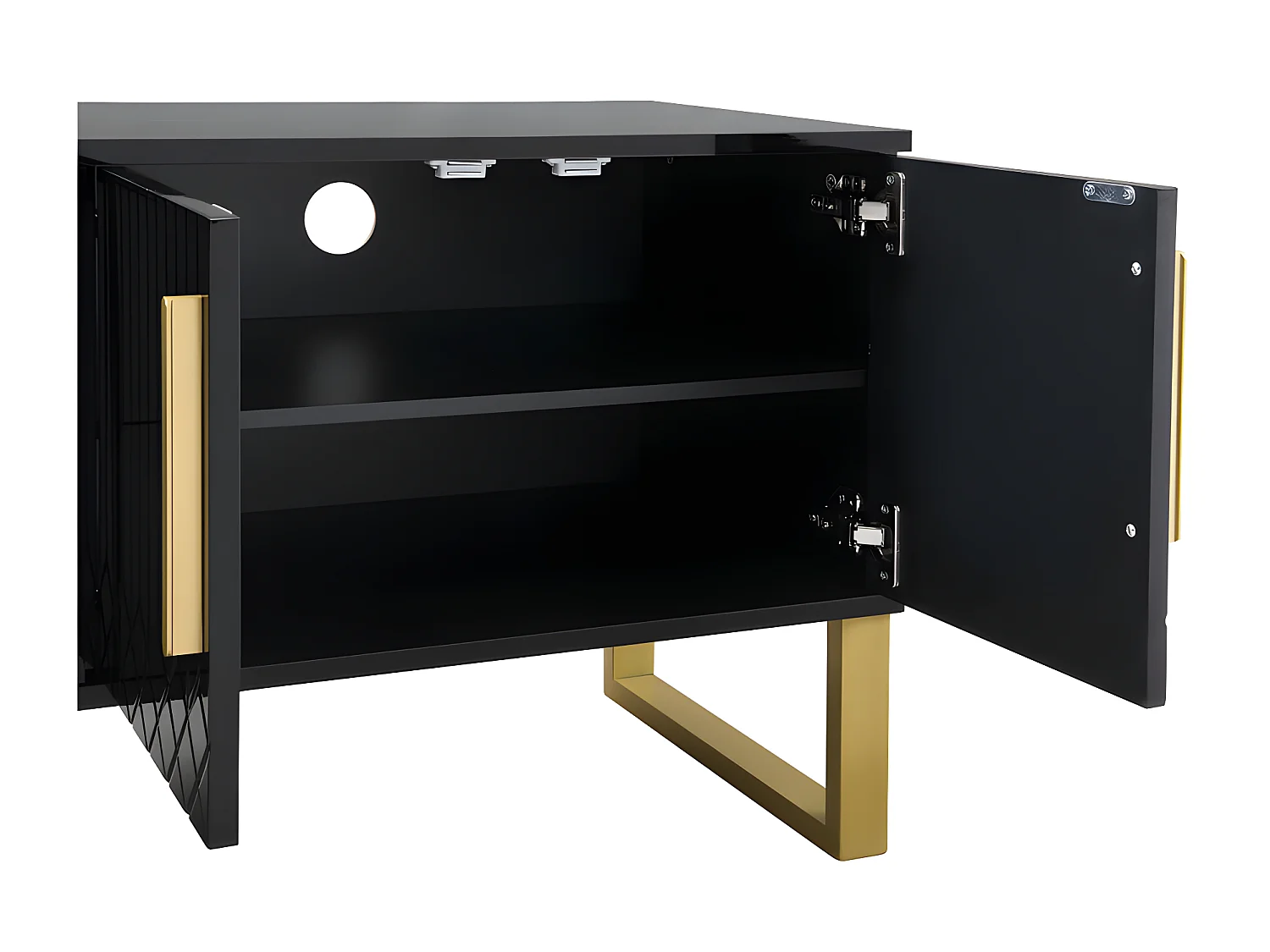 Meuble TV L 170cm - aspect brillant - 4 portes texturées gravées avec poignées dorées - Noir