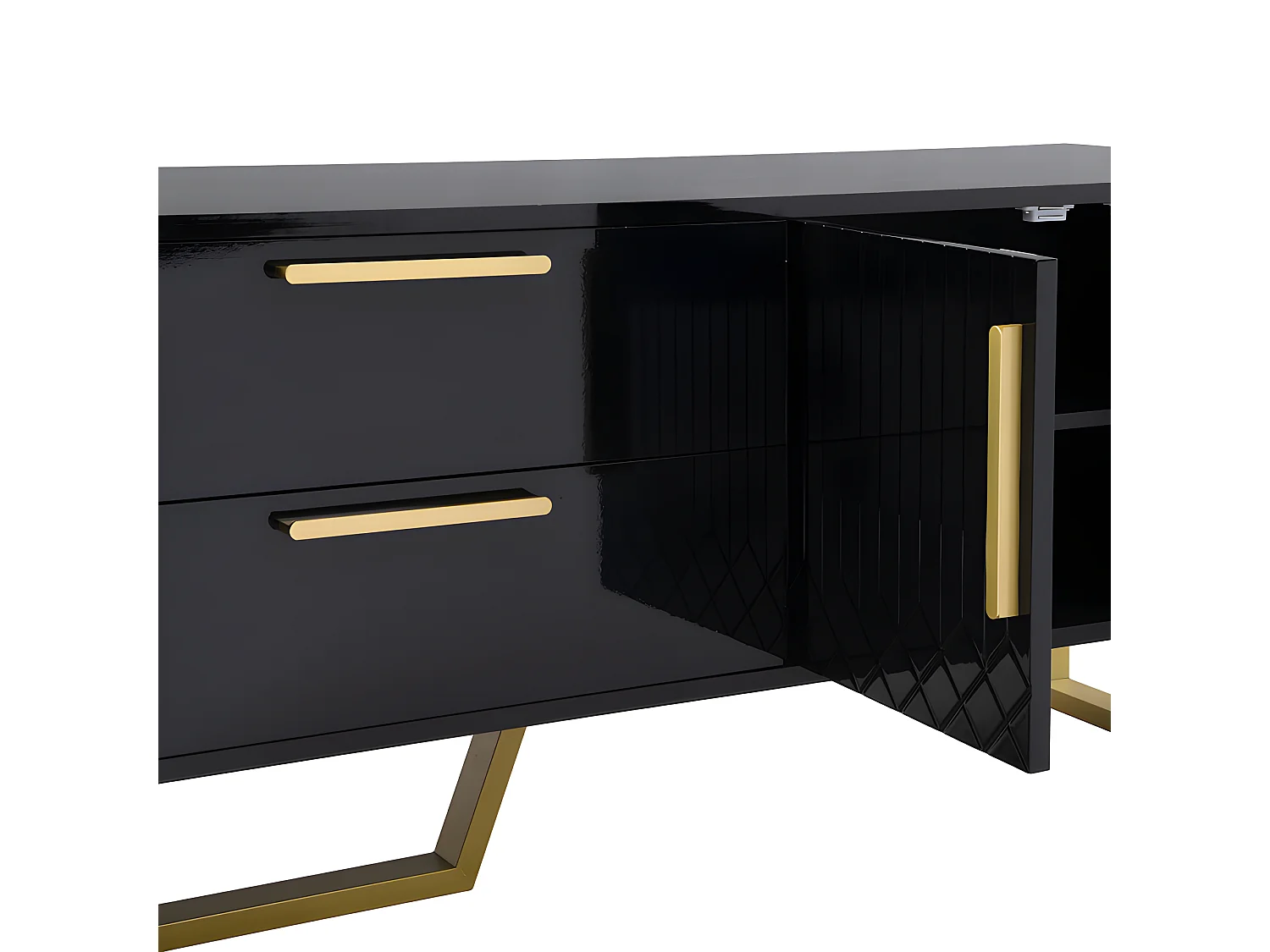 Meuble TV L 170cm - aspect brillant - 4 portes texturées gravées avec poignées dorées - Noir